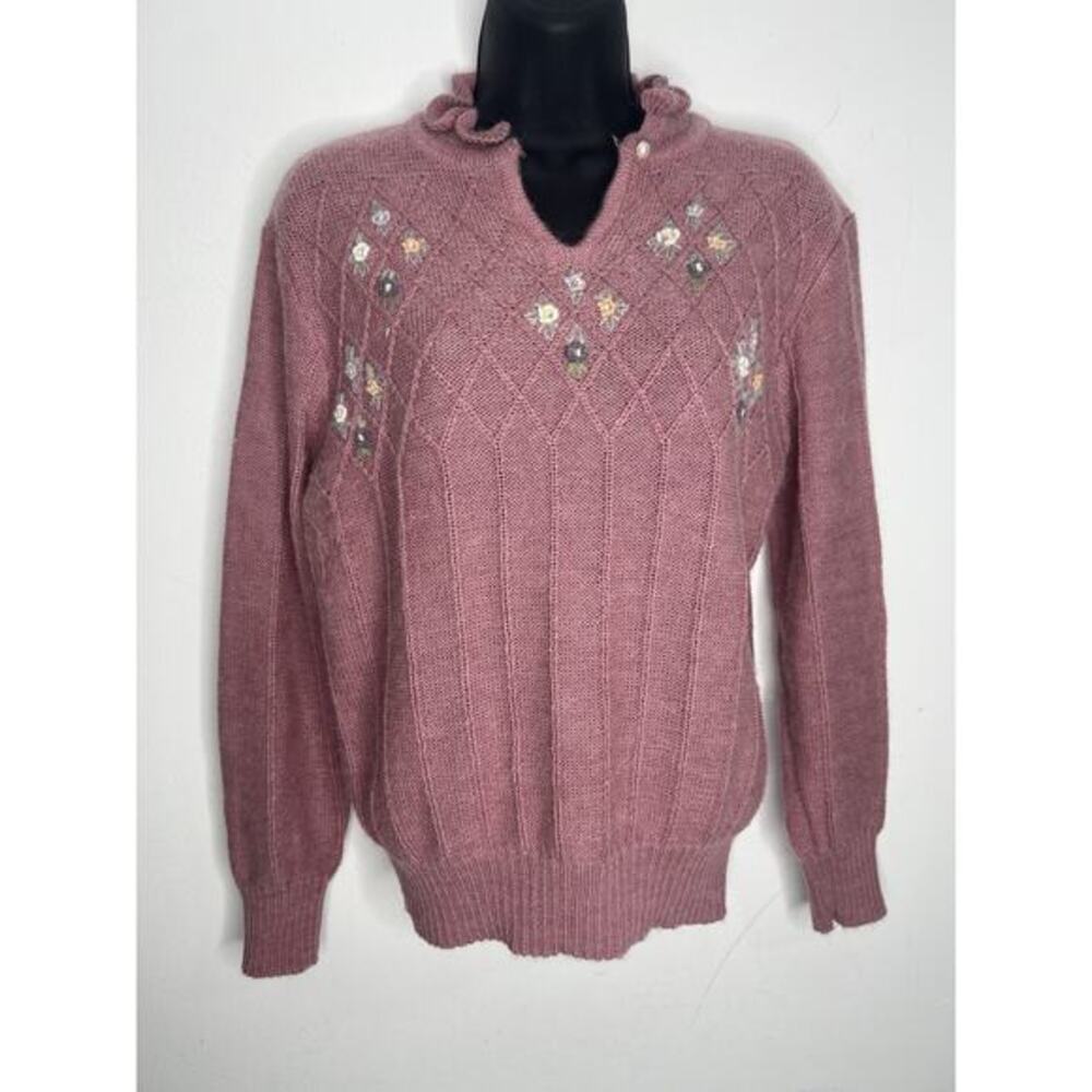 Vintage Floral Pink Grannycore Glamour Knit Sweater Women’s Tag Size Large